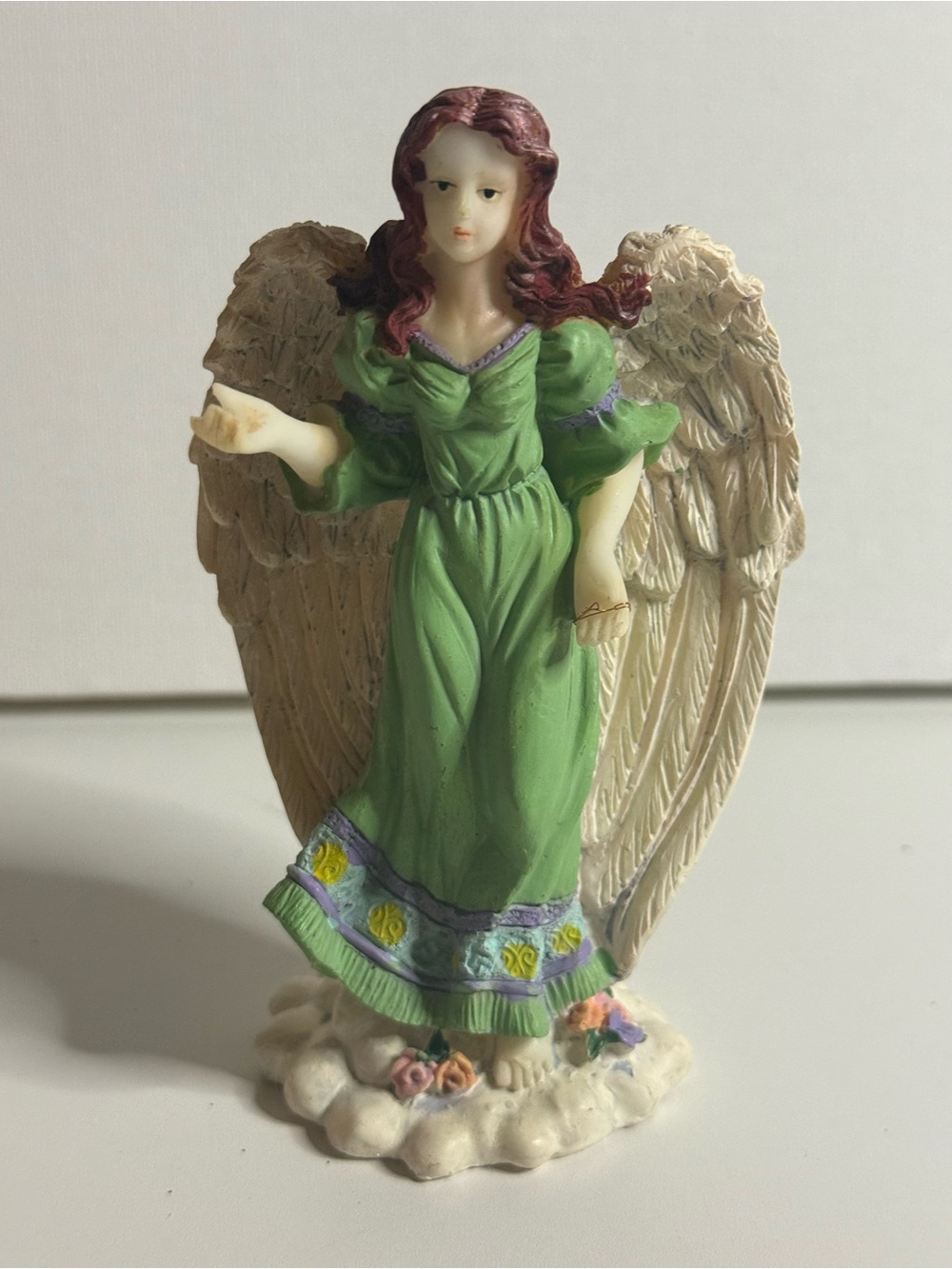 Green Angel Figurine Decorative Accent with Cream Wings